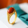 Cluster Rings Court Style Natural South Red Agate Ring Big Egg Noodles S925 Sterling Silver Ancient Gold Craft Female Open