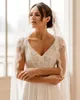 Vintage French Lace Wedding Dresses V Neck Cap Sleeve Boho Bridal Gowns Sweep Train A Line Beach Bride Dress Vestidos De Noiva