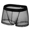 Cuecas masculinas boxers shorts biquíni malha transparente roupa interior gay homem sólido respirável bolsa fishnet cueca calzoncillo