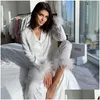 Womens Two Piece Pants Pajamas For Sleep Ladies Solid Color Suit Lapel Top And Feather Trousers Two-Piece Sleepwear Set Pyjama Drop De Dhxk9