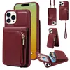 Luxury Crossbody Flip Zipper telefonfodral för iPhone 15 Plus 14 13 12 Pro Max Samsung Galaxy S24 S23 S22 S21 Ultra flera kortplatser Läderplånbokskedjan