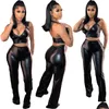 Mulheres de duas peças calças mulheres conjunto sexy preto pu halter colheita superior e magro calça longa ternos 2 pcs roupas de verão roupas de couro falso dhs0i