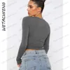 Women's T-Shirt Fashion Women Clothing Ski T Shirts Long Sleeve Crew Neck Skinny Y2K Streetwear Crop Tops 2023 Lady Gray Slim Base Tees Tops T240122