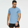 LU LU L T-shirt d'été à séchage rapide pour hommes, course à pied et fitness, haute élasticité, respirant, sensation de froid, col rond, manches courtes, robe d'équipe imprimée