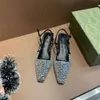 2024 Femmes G Slingback Sandales Pointu Toe Mesh Pompe Chaussures Strass Diamant Cristaux Robe Étincelante Fête De Mariage Talons Hauts Diapositives