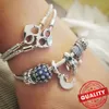 Auténtico colgante de corazón esmaltado de cristal azul de plata esterlina, pulsera compatible con amigos, joyería sorpresa de cumpleaños, regalo