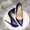 Klänningskor Navy Blue Crocodile Effect Mönster Kvinnor Sext Pointy Toe High Heel Chic Ladies Slip On Stiletto Pumpar Storlek 33-45