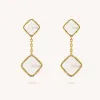 Blue Onyx Full Diamond Clover Earrings Designer Mother-of-Pearl Dangle Earrings 세련되고 고급스러운 웨딩 주얼리 고품질 및 Colourfast