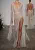 See Through Side Split Mermaid Wedding Dresses V Neck Sequins Bow Bridal Gowns Bow Long Sleeves Bride Dresses Custom Made