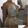 Skirts Beach Skirt Bar Night Club Metal Chain Sequins Women Rhinestone Gold Two-Piece Topaddskirt Halter Tops Nightclub Party Vestido Dhqf3