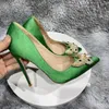 Dress Shoes Glitter Butterfly Decor Women Green Satin Silk Pointy Toe High Heel Wedding Party Elegant Slip On Stiletto Pumps