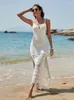 Kvinnors badkläder Vit stickade strandklänningar Virka Spathetti Strap Tassel Robe Elegant Backless Baddräkt Cover Ups 2024 Holiday Beachwear