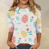 T-shirt da donna Felice giorno di Pasqua Camicia da donna Manica a 3/4 T-shirt con grafica divertente Tunica allentata casual Novità Girocollo