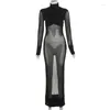 Casual Dresses Nibber Sexy Mesh Patchwork Maxi Dress Women Solid Coquette Long Sleeve Turtleneck Skinny Elastic Bodycon Female Clubwear