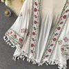 Women's Trench Coats Summer Shirt Bohemian Holiday Style Embroidered Tassel Chiffon Cardigan Waist Female Slim Short Tops