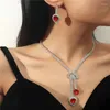 Ketting Oorbellen Set Mode Glanzend Strass Rood Grote Druppel Hanger Oorbel Bruid Bruiloft Sieraden Dame Kristal Lange Kwast