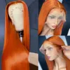 4x4 fermeture Orange gingembre perruque dentelle avant perruque de cheveux humains 13x4 os droit dentelle frontale pré plumé couleur perruque HD Transparent