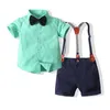 Kledingsets Kinderen Jongens Gentleman Set Korte mouw Strikje Shirt Jarretel Shorts Peuter Baby Boy Outfit Voor Bruiloft Feestjurk