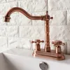 Bathroom Sink Faucets Antique Red Copper Brass Deck Mounted Dual Cross Handles 4" Center Hole Two Holes Basin Faucet Swivel Mixer Taps