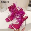 Sandaler Eilyeken Fashion Summer Rhinestone Feather Women Sandaler LACE-UP Cross-bundna Sexig Gladiator Square Toe Ladies High Heel ShoesJ240122