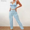 Kadın Uyku Salonu Kadınlar İki Parçalı Pijama Set Kızlar Izgara Giyim Leydi Yuvarlak Boyun Söğretsiz Top+Pantolon Homewear 2024 Yaz Pijamal240122