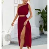 Sıradan Elbiseler 2024 Moda Sarkı Yakası Yüksek Bel Bölmeli İki Parçalı Setler Kadın Kore Koyu Renk Bandaj Seksi Kolsuz Elbise