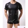 Mens T-Shirts Men Patent Leather Short Sleeve T Shirts Pu Y Fitness Tops Gay Latex T-Shirt Stage Tee Party Clubwear Drop Delivery Appa Dhmet