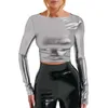 Kvinnors T -skjortor Kvinnor Crewneck Crop Top Pullover Shiny Tees Solid Color Metallic Dance Y2K går ut