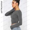 Women's T-Shirt Fashion Women Clothing Ski T Shirts Long Sleeve Crew Neck Skinny Y2K Streetwear Crop Tops 2023 Lady Gray Slim Base Tees Tops T240122