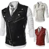 Herrdräkt väst svart lapel krage blixtlås kort läder mode casual punk stil gilet män för kläder 240119