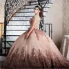 2024 Розовое золото Quinceanera платья Сексуальное кружевное бальное платье с блестками Драгоценный камень с короткими рукавами и хрустальными бусинами с коротким рукавом Sweet 16 Вечернее платье Выпускные вечерние платья с блестками