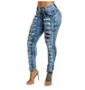 Plus Size Breathable Button Skinny denim feet pants high waist distressed ripped jeans women