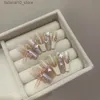 Faux ongles 10pcs luxe ongles faits à la main rose doux français arc créatif paillettes diamants ins style design original presse sur faux ongles Q240122