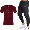 Men's Tracksuits 2024 Women And Man Milano Letters Print T-shirt Ladies Short Sleeved Set Luxury Tees+Sweatpants Suit Loose Pure Cotton Soft Tops T240122