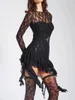 Casual Dresses Sexy Women Long Sleeve See-through Ruffles Lace Dress 2024 O-neck High Waist Lace-up Backless Irregular Party Club Black