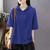 T-shirt da donna 2024 Arrivo Estate Arts Style Donna Casual Manica corta Colletto con cappuccio Top Tees T-shirt in cotone patchwork tutto abbinato P644