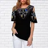 Women's Blouses Women T-shirt Round Neck Cold Shoulder Short Sleeves Lady Blouse Floral Print Sweat Absorbing T Shirt Girls Clothes