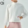 Al Yoga Sweatshirts Mock Neck Full Zip Cropped Jacket 여성 느긋한 스트리트웨어 스포츠 코트 드로링 밑단 짧은 마이크로 조깅 자 재킷 피트니스 긴 슬리브 탑
