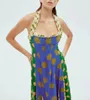 Vestido de diseñador australiano, vestido largo azul de lino con cuello halter, sin mangas, con cintura fruncida y estampado de puntos