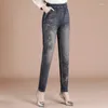 Damesjeansbroek Hoge taille S Blauwe broek voor dames Geborduurd met zakken Baggy Medium Retro A Kleding Hippie In