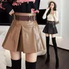 Capris novo preto a linha mini saias cinto livre outono inverno saia de couro feminino com forro estilo coreano moda cintura alta cáqui