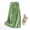 Jupes flétries été angleterre Style mode Satin vert couleur taille haute recueillir jupe longue droite fête Maxi femmes