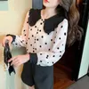 Kadınlar bluz moda şık 2024 bahar sevimli uzun kollu blusa feminina büyük yaka gömlek kadınlar fırfırlı polka dot siyah beyaz şifon