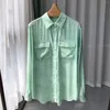 Chemisier en soie imprimé Texture fraîche pour femme, chemise verte, Double poches, simple boutonnage, manches longues, printemps 2024