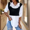 Women's Blouses Long-sleeved Blouse Chic Lapel Long Sleeve Shirt Stylish Two-piece Patchwork Color Matching Cufflink Accents For Fall