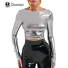 Kvinnors T -skjortor Kvinnor Crewneck Crop Top Pullover Shiny Tees Solid Color Metallic Dance Y2K går ut