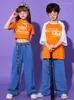 Escenario desgaste niños hip hop ropa kpop show trajes blanco naranja camiseta denim jeans pantalones para niña niño jazz trajes de baile ropa de calle