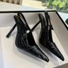 Zapatos de tacón con tira trasera para mujer, sandalias de tacón de aguja de diseñador, hebilla de charol, vestido de lujo para mujer, punta cuadrada, zapatos de tacón alto de noche