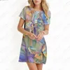 パーティードレス夏のドレス半袖丸いネックプルオーバー3Dプリントルーズカジュアルプラスサイズホームステイハワイフローラルパターン
