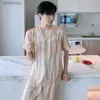 Women's Sleep Lounge White Striped Men Pajamas Suit Short Sleeved Long Pants Thin Ice Silk Sleepwear Summer Satin Silk Home Clothing Set Pyjamas MaleL240122